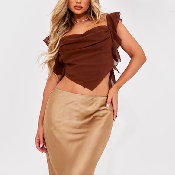 NWT PLT Chocolate Chiffon Frill Bardot Long Top - Picture 4 of 5